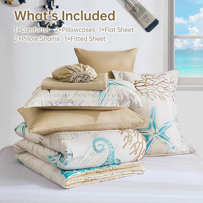 Coastal Comforter Set Queen, Beach Themed Comforters,7 Pieces Ocean Starfish Bed in a Bag Nautical Bedding with Sheets for Spring Summer