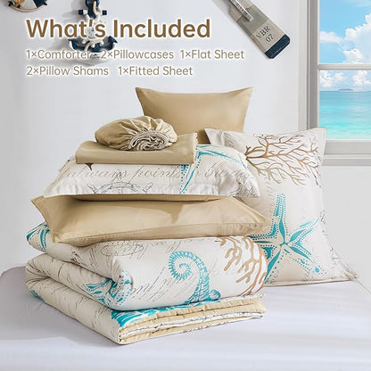 Comforter Set King Size Coastal, Beach Themed Comforters,7 Pieces Ocean Starfish Bed in a Bag Nautical Bedding with Sheets for Spring Summer
