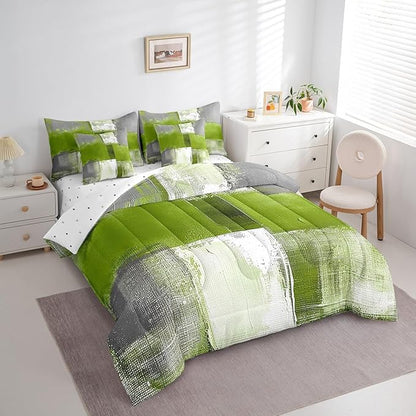 Erosebridal Grass Green White Gray Bedding Comforter Sets 7pcs Abstract Bedding Set, Grunge King Size Comforter Set (1 Comforter, 1 Fitted Sheet, 1 Flag Sheet, 2 Pillowcases, 2 Throw Pillow Covers)