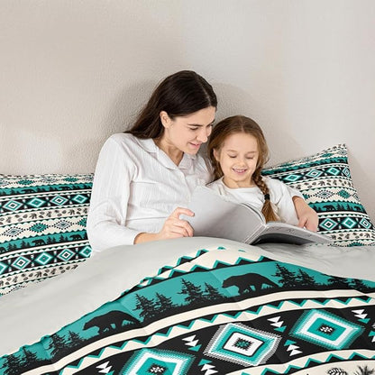 Southwest Tribal Style Bear Wild Animals Comforter/Duvet Set King Size,Green Aztec Pattern Ultra Soft Bed Collection,Ethnic Geometric Stripes Bedding for Room Decor 3 Pcs,Microfiber Breathable