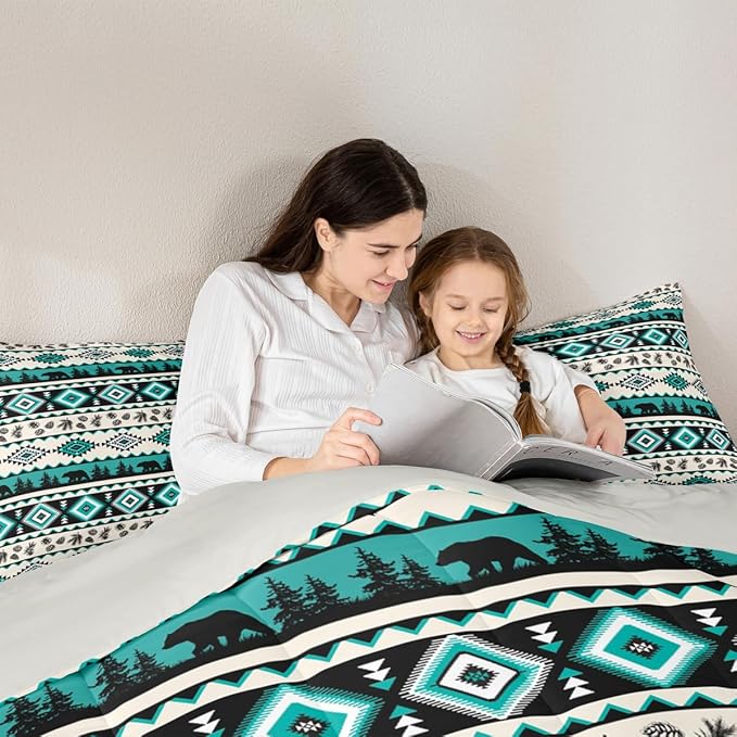 Green Aztec Pattern Bedding Set for Boys Girls,Southwest Tribal Style Bear Wild Animals All Season Cozy Comforter Set Full Size,Ethnic Geometric Stripes Duvet Set Bedroom Decor,Birthday Gifts