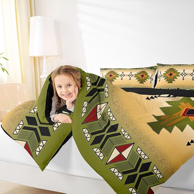 Erosebridal Boys Western Aztec Comforter Set Full Size, Native Tribal Ethnic Bedding Set Farmhouse Boho Geometric Quilt Southwestern Ethnic American Native Duvet Insert for Adult Men,Yellow Green