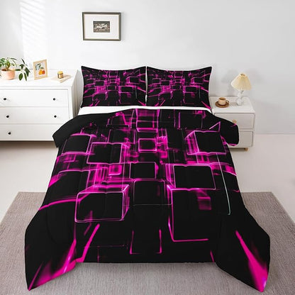 Erosebridal Girly Pink and Black Kids Comforter Set, Modern Abstract Geometric Square Bedding Sets for Boys Girls Gradient Neon Light Honeycomb Duvet Insert King with 2 Pillowcases