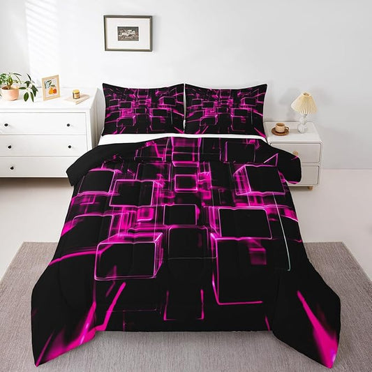 Erosebridal Girly Pink and Black Kids Comforter Set, Modern Abstract Geometric Square Bedding Sets for Boys Girls Gradient Neon Light Honeycomb Duvet Insert King with 2 Pillowcases
