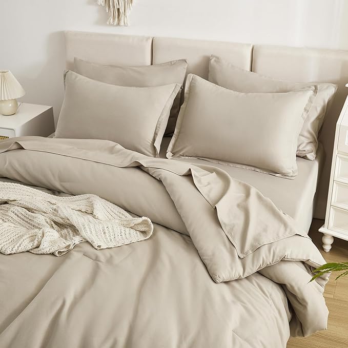Litanika Comforter California King Size Set Oatmeal - 7 Pieces Bed in a Bag California King Bedding Comforter Set, Plain Lightweight Bed Set with Comforter, Sheets, Pillowcases & Shams