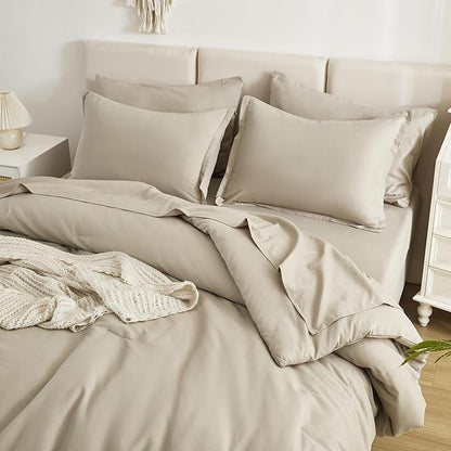Litanika Comforter California King Size Set Oatmeal - 7 Pieces Bed in a Bag California King Bedding Comforter Set, Plain Lightweight Bed Set with Comforter, Sheets, Pillowcases & Shams