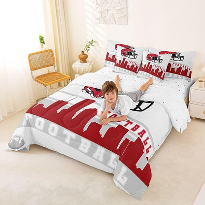 Erosebridal Football City 7 Pcs Comforter Set King Football Bedding Boys Girls Red Grey Rugby Game Sheet Set Bed in A Bag Football Fans Bedroom Decor Sports Ball Competition Quilt