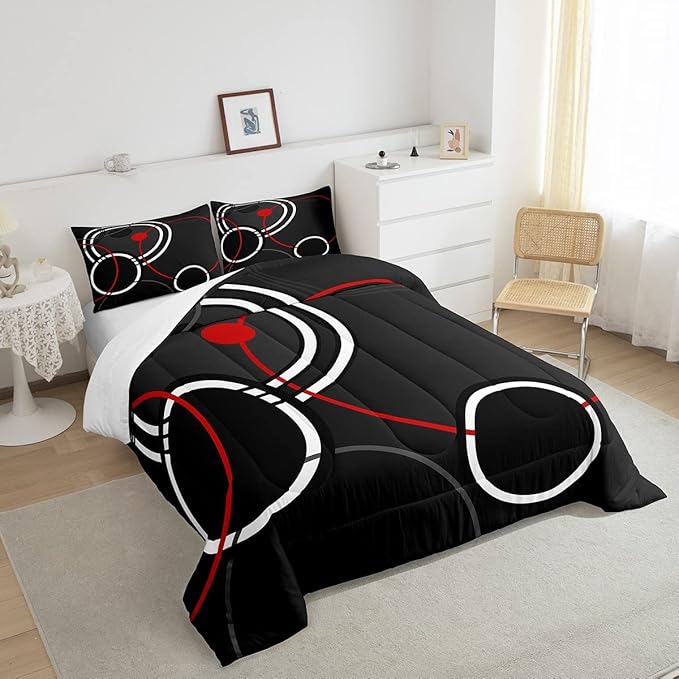 Erosebridal Modern Bedding Twin for Boys Girls Abstract Comforter Set, White Red Circle Duvet Insert Geometric Lines Quilt Set, Aesthetic Striped Bedding Comforters & Sets Colorful Durable Room Decor