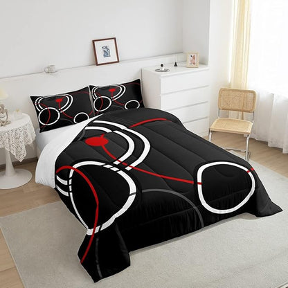 Erosebridal Modern Comforter Full Abstract Bedding Set for Kids Teen, Black and White Down Comforter Stripe Bed Set, Geometric Circle Quilted Duvet Microfiber Lightweight Decorations 3 Pieces