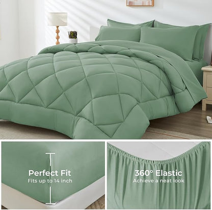HEVUMYI Light Green Twin Comforter Set - 5-Piece All Season Bed in a Bag Twin, Ultra Soft Bedding Set with Comforter, Flat Sheet, Fitted Sheet, Pillowcases, Pillow Shams