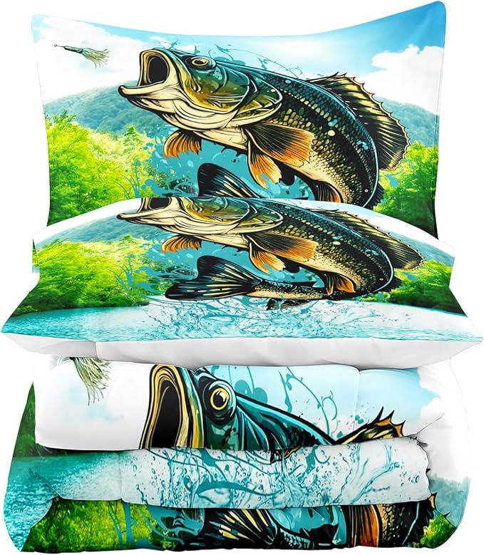 LUVIVIHOME 3PCS Fishing Comforter Set King Size, Bass Fish Bedding for Kids Boys, Forest Wildlife Hunting Animal Country Rustic Farmhouse Bedroom Decor, Soft Microfiber Quilt, 2 Pillow Shams
