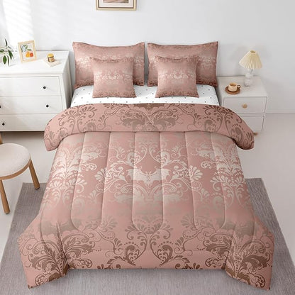 Erosebridal Gothic Damask 7 Piece Comforter Set Full Bed in a Bag,Halloween Bat Bedding Sets Light Pink Victorian Floral Goth Sheet Set with Comforter