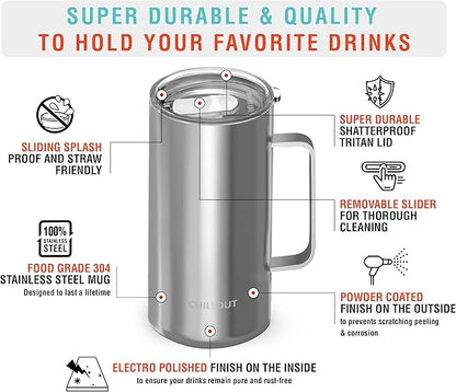 CHILLOUT LIFE Stainless Steel 20 oz Vacuum Insulated Coffee Mug with Handle and Lid, Large Thermal Camping Coffee Mug Cup with Durable Sliding Lid for Men & Women, Keeps your Beverages Hot/Cold