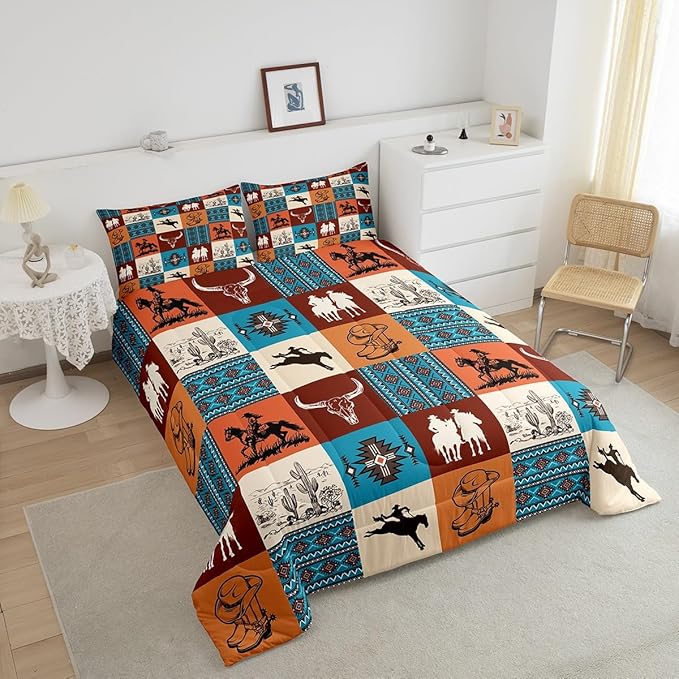 Southwestern Comforter Set Twin Size,Cowboy Cow Skull Cactus Print Bedding Sets,Aztec Striped Geometric Grid Quilt Set,Kids Girls Boys Adult Room Decor,Vintage Orange Brown Duvet Insert 2Pcs