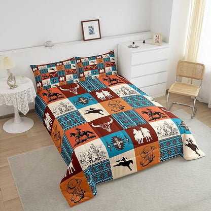 Southwestern Comforter Set Twin Size,Cowboy Cow Skull Cactus Print Bedding Sets,Aztec Striped Geometric Grid Quilt Set,Kids Girls Boys Adult Room Decor,Vintage Orange Brown Duvet Insert 2Pcs