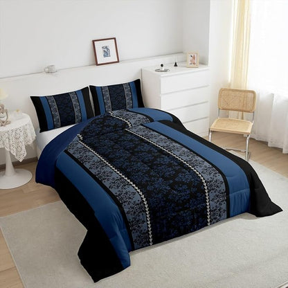 jejeloiu Adult Classic Jacquard Bedding Set Full Size Damask Pattern Comforter Set for Boys Girls Black Blue Stripe Duvet Set Baroque Quilt Set 3Pcs