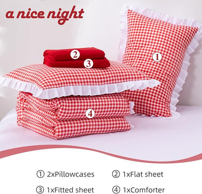 A Nice Night Comforter Set Full, 5 Pieces Lightweight Soft Rustic Red Ruffle Comforter, Plaid Checkered Chic Bedding Set with Pillow Shams