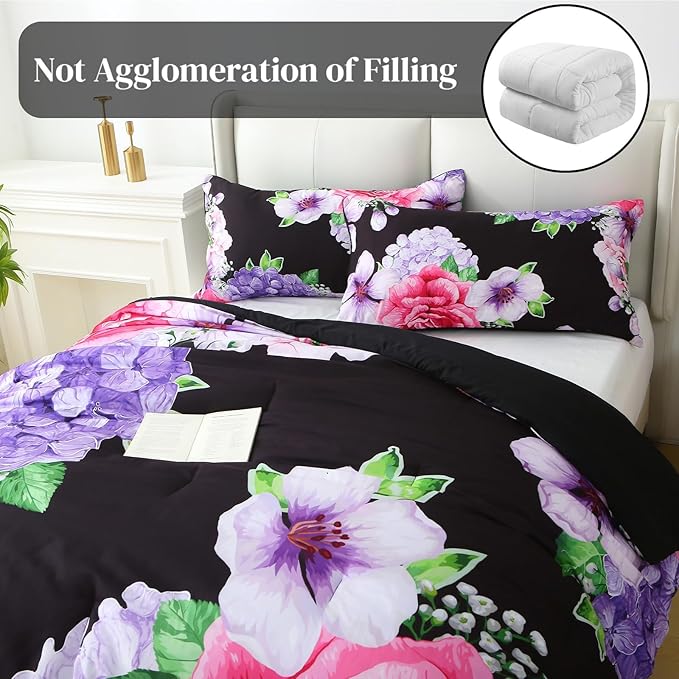 Floral Comforter Set King Size, 3 Pieces Elegant Black Floral Bed in a Bag, Soft Microfiber Botanical Flower Bedding Set with 2 Pillowcases for All Season 104"×90"
