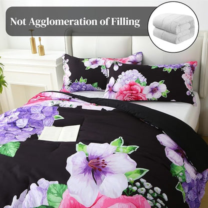 Floral Comforter Set King Size, 3 Pieces Elegant Black Floral Bed in a Bag, Soft Microfiber Botanical Flower Bedding Set with 2 Pillowcases for All Season 104"×90"