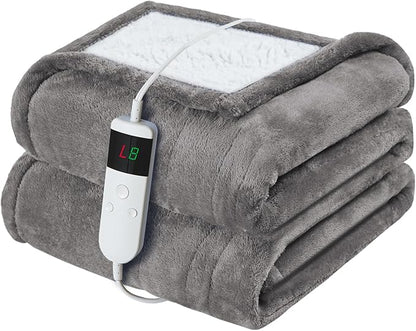 Electric Heated Blanket Throw Size 50''x60'' Soft Flannel & Sherpa Electric Blanket with 10 Heating Levels, Automatically Shut Down After 8h with Overheat Protection Machine Washable