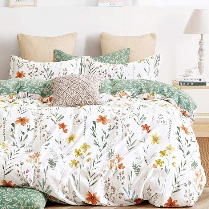 SLEEPBELLA Queen Size Comforter Set Yellow Flowers & Green Botanical Pattern Printed on White 100% Cotton Fabric, Ultra Soft Microfiber Inner Fill 3Pcs Bedding Set