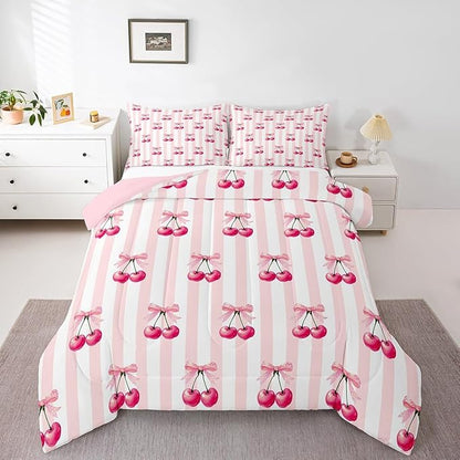 Feelyou Pink Girls Bow Comforter Set Full Size Kawaii Cherry Prints Bedding Set for Boys Teens Decor Bow Comforter Cute Bowknot Duvet Set Bedroom Stripes Quilt Set 3Pcs