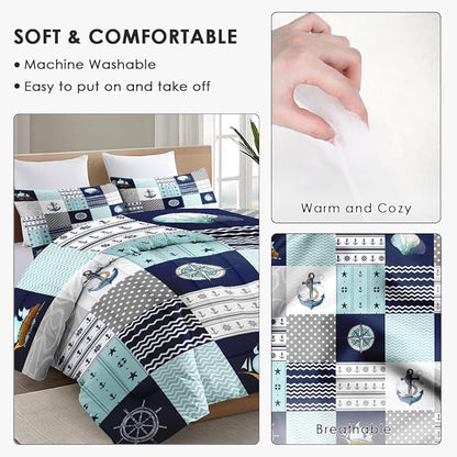 Queen Size Comforter Set with 2 Pillowcases, Nautical Blue Marine Summer 3 Pcs Bedding for Kids and Adults, Sea Ocean Boat Plaid Soft Comforter Set for Bedroom Bed Decor