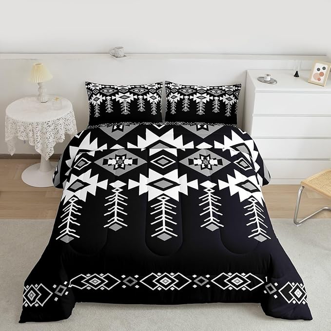 Erosebridal Western Aztec Bedding Set Queen Size for Boys, Boho Southwestern Comforter Set for Teens Adult Women American Native Down Comforter Vintage Ethnic Rustic Geometric Quilt, Black White