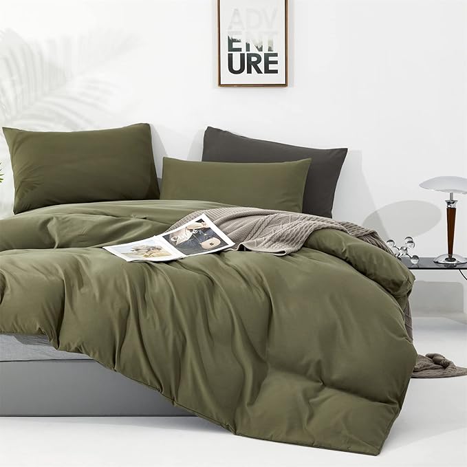 KAREVER Olive Green Comforter Set Twin Size - 3 Pieces Soft Dark Green Bedding for Boys Girls - Pure Solid Color All Season Bed Comforter as Gift