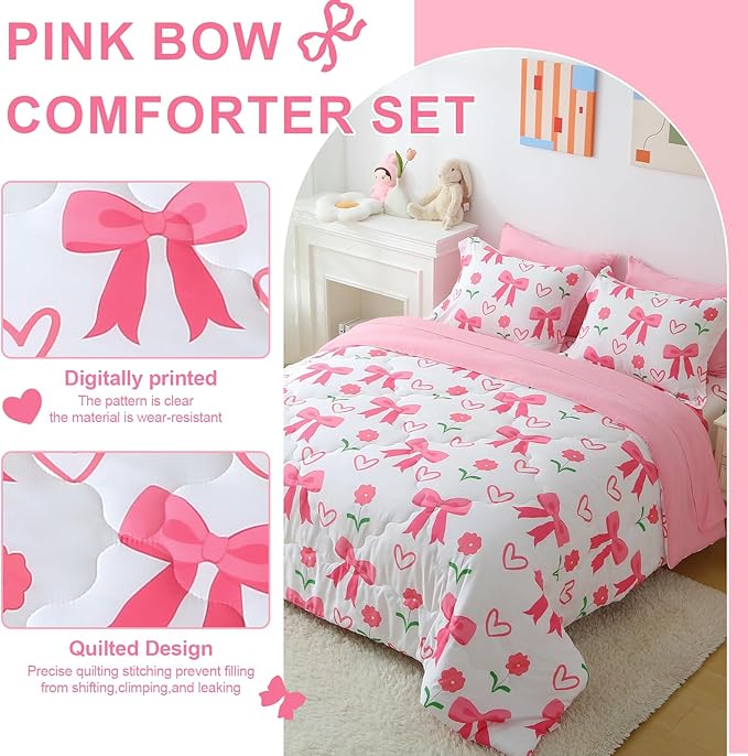 Pink Bow Comforter 7 Pieces Comforter Set Twin Size Pink Flower Bow Comforter for Girls Kids Romantic Princess Style Bow Tie Bedding Set Super Soft All Season
