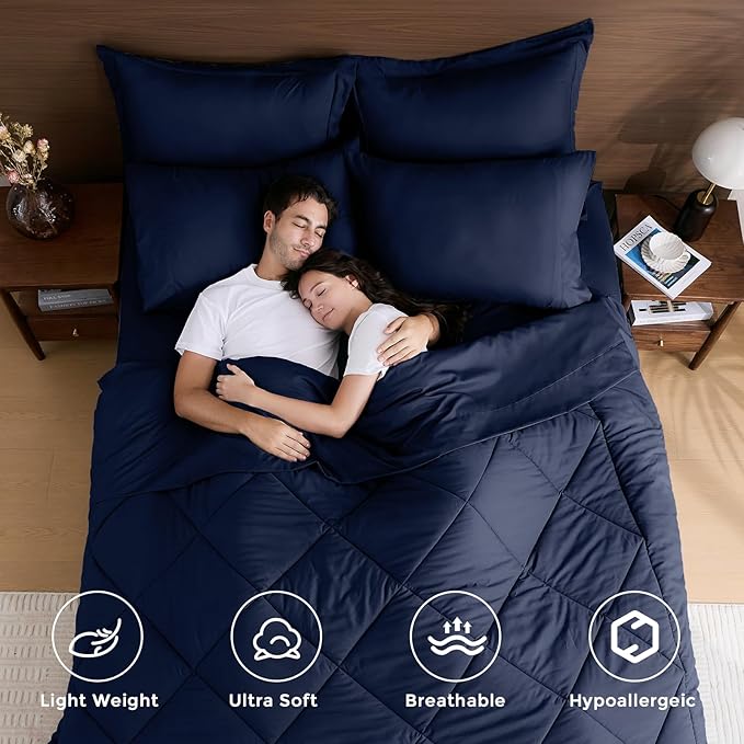HEVUMYI Navy Blue Full Comforter Set - 7-Piece All Season Bed in a Bag Full, Ultra Soft Bedding Set with Comforter, Flat Sheet, Fitted Sheet, Pillowcases, Pillow Shams, Navy Blue