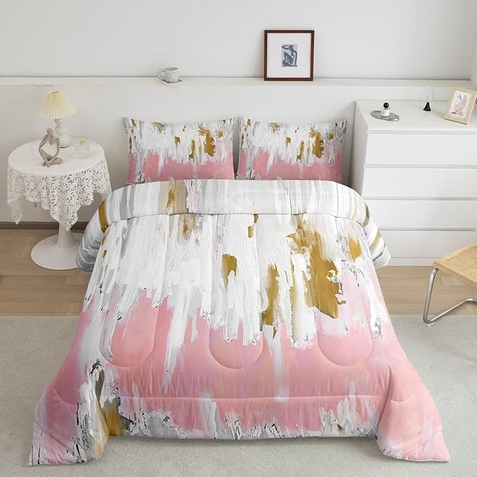 Erosebridal Girly Pink Comforter King Oil Painting Stripe Bedding Set, Brush Marks Contemporary Ombre Down Comforter Watercolor Graffiti Bed Set, Aesthetic Modern Quilted Duvet