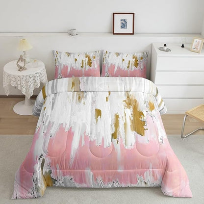 Erosebridal Girly Pink Comforter King Oil Painting Stripe Bedding Set, Brush Marks Contemporary Ombre Down Comforter Watercolor Graffiti Bed Set, Aesthetic Modern Quilted Duvet
