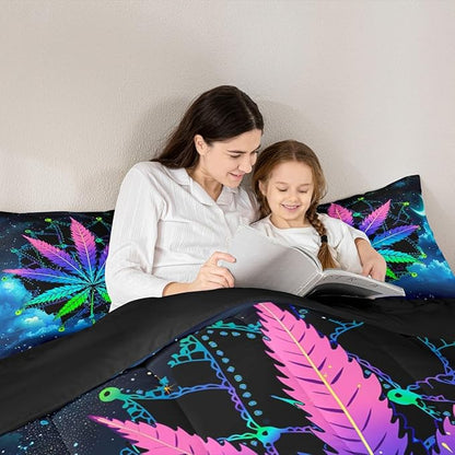 Erosebridal Leaves Comforter Set Bohemian Mandala Duvet Set Twin Size Leaf Quilt Set Galaxy Starry Sky Quilted Duvet, Blue Purple Bedding Set for Room Decor