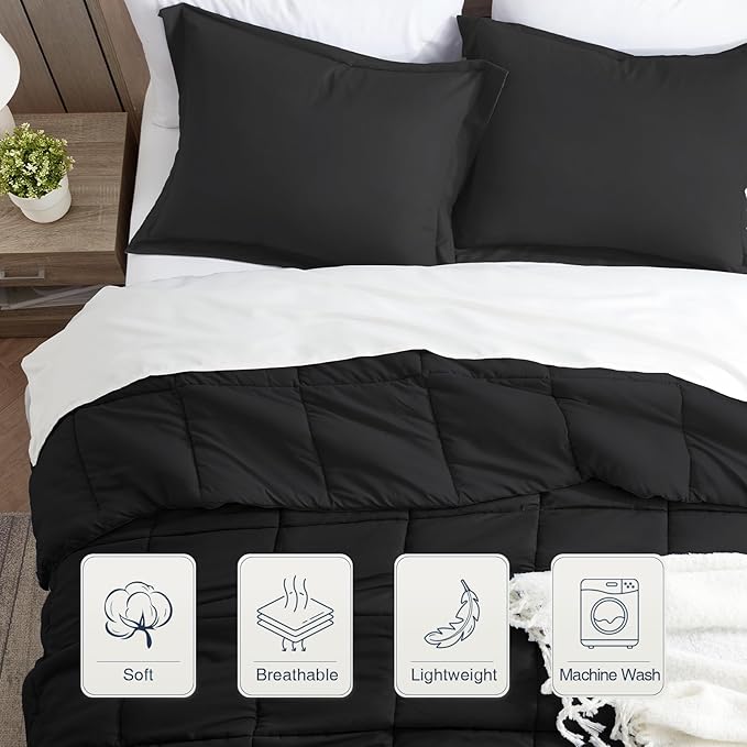 satisomnia Oversized Queen Comforter Set, Black Bedding Comforters Oversized Queen, 3 Pieces Down Alternative Bed Comforter Lightweight, Soft Bed Set Breathable Solid Black All Season Bedding Sets