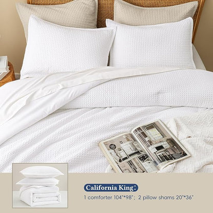 David's Home Waffle Weave Comforter Set 3PCS California King Size, Soft Breathable Lightweight Skin-Friendly Warm for All Season, Elegant Aesthetic Home Decor Bedding Set with Pillow Shams, White