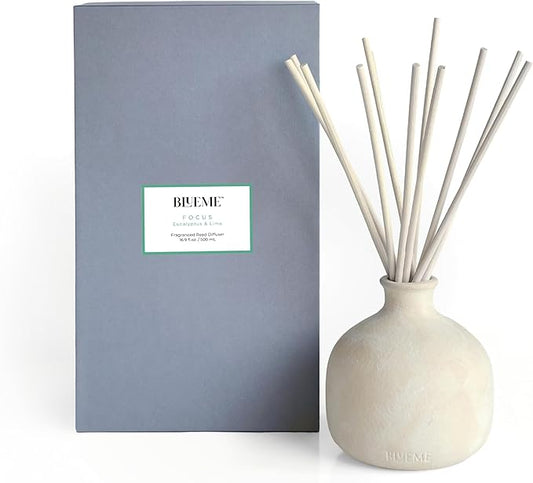 Blueme Focus Diffuser | Eucalyptus & Lime | 16.91 Fl Oz - Refillable Wellness Diffuser, Contains Essential Oil, Sustainable, Hand Finished, Premium, Luxury Ceramic, Natural Rattan Reeds | Large