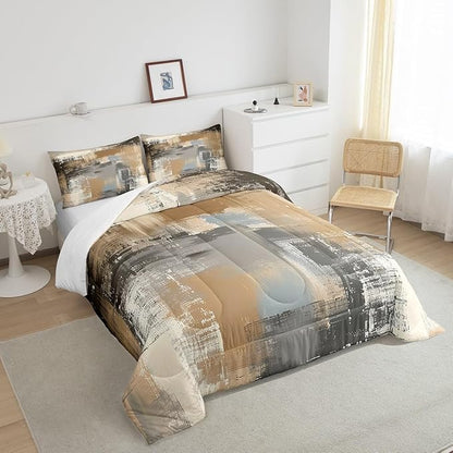 Graffiti Grunge Comforter Set,Brown Grey Tie Dyed Bedding Sets for Women Men,Hand Painted Watercolor Duvet Insert Lightweight,Ombre Oil Painting Down Comforter with 2 Pillowcases Warm,Queen