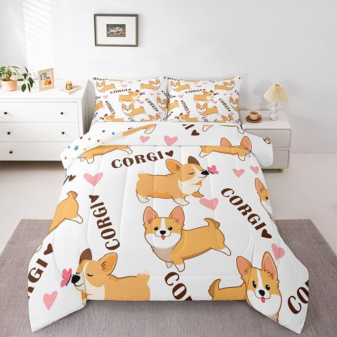 Erosebridal Kid Corgi Dog Comforter Set Twin Cute Puppy Down Comforter Cartoon Pet Dog Happy Farm Animal Love Pattern Quilted Duvet, with 2 Pillow Cases, Super Soft Breathable Duvet Insert, White