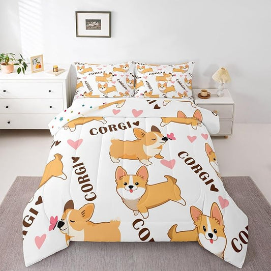 Erosebridal Kid Corgi Dog Comforter Set Full Cute Puppy Down Comforter Cartoon Pet Dog Happy Farm Animal Love Pattern Quilted Duvet, with 1 Pillow Case, Super Soft Breathable Duvet Insert, White