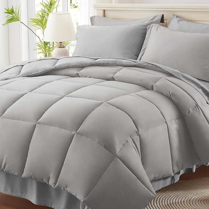 Anluoer King Comforter Set 7 Piece, Light Grey Bed in a Bag with Sheets, Comforters King Size Bedding Sets with 1 Comforter, 2 Pillow Shams, 2 Pillowcases, 1 Flat Sheet,1 Fitted Sheet