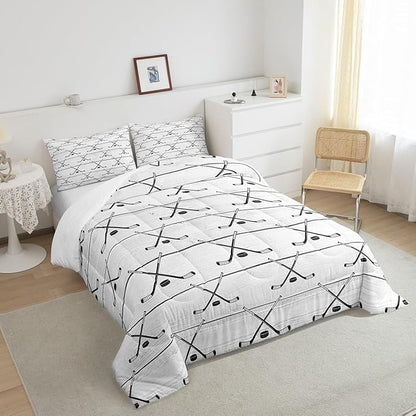 Manfei Hockey Comforter Set Queen Size, Sports Gaming Theme Bedding Set for Kids Boys Girls Room Decor, Grey Wooden Plank Down Comforter, Soft Polyester Quilt Set,2 Pillowcases
