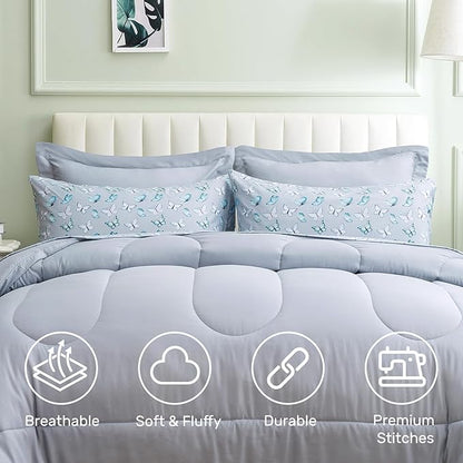 ARTALL King Bed in a Bag 7 Pieces, Light Gray Solid Comforter with Cute Colorful Butterfly Sheet Set, Soft Reversible Bedding Sets with Comforter, Sheets, Pillowcases & Shams for All Seasons
