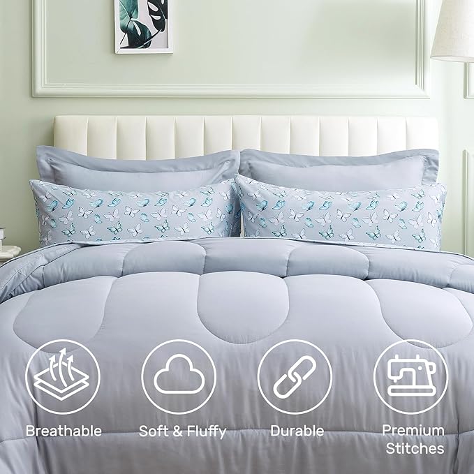 ARTALL Queen Bed in a Bag 7 Pieces, Light Gray Solid Comforter with Cute Colorful Butterfly Sheet Set, Soft Reversible Bedding Sets with Comforter, Sheets, Pillowcases & Shams for All Seasons
