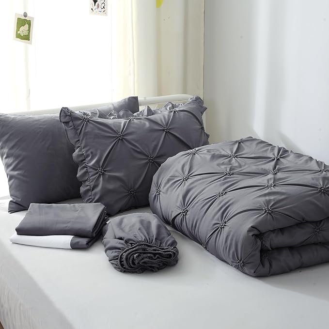 JOLLYVOGUE Dark Grey Bed in a Bag Comforter Set for Bedroom, Pintuck Twin Size Comforter Sets 5 Pieces, Beddding Sets with Comforter, Sheets,Ruffled Shams & Pillowcases