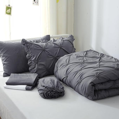 JOLLYVOGUE Dark Grey Bed in a Bag Comforter Set for Bedroom, Pintuck Twin Size Comforter Sets 5 Pieces, Beddding Sets with Comforter, Sheets,Ruffled Shams & Pillowcases