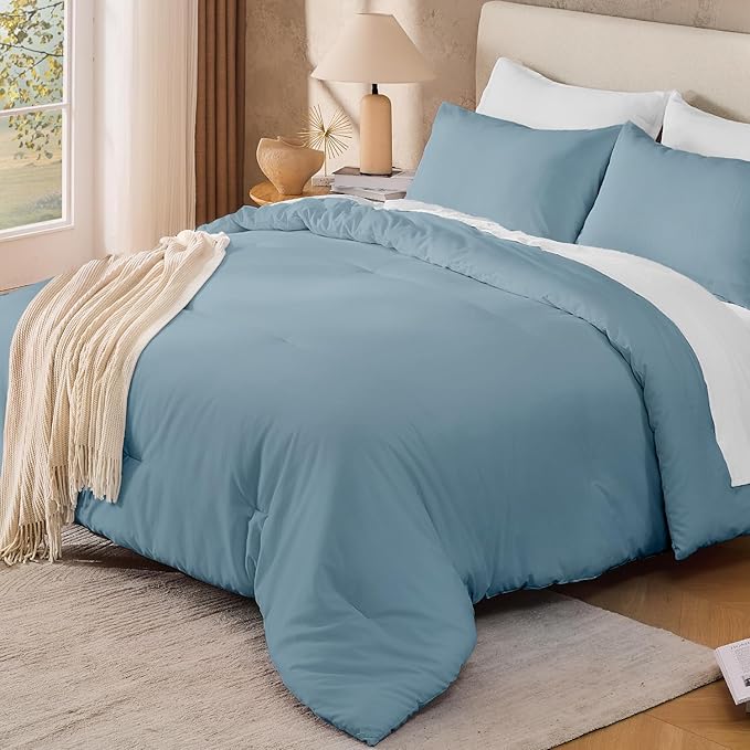 Andency Grayish Blue California King Comforter Set, 3 Pieces Cal King Lightweight Reversible Classic Soft Solid Bed Comforter, Oversized Fluffy Microfiber Bedding Set (104x96In, 2 Pillowcases)