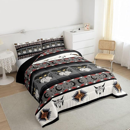 Erosebridal Boho Moth Bedding Set Bull Skull Comforter Set for Kids Child Boys Girls,Sun and Moon Southwestern Quilt Geometric Aztec Decor Western Duvet Insert King,Bohemian Room Decor Grey
