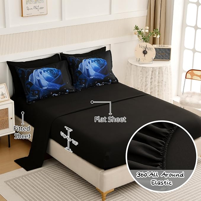 Xruibed Floral Comforter King Blue Bed in a Bag Rose Water Droplets Design 7PCs Comforter Set Soft Micorfiber Bedding Set (1 Comforter,2 Pillow Shams,1 Flat Sheet,1 Fitted Sheet,2 Pillowcases)