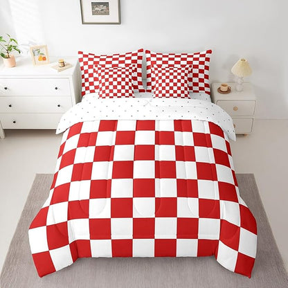 Feelyou Checkered Retro 7 Piece Bedding Set Teen Women Men Red White Plaid Comforter Set with Sheets Full Size Kids Boys Girls Geometric Vintage Bed in a Bag Modern Simple Groovy Aesthetic Room Decor